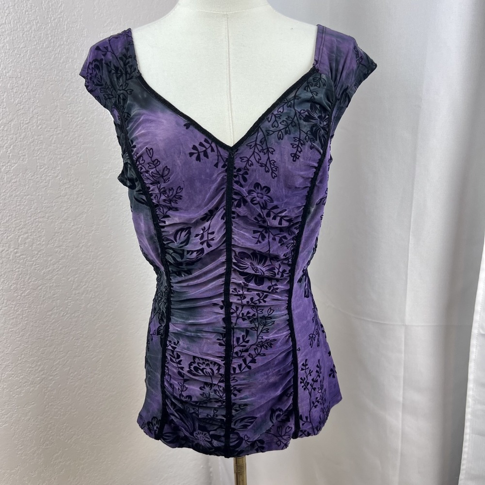 Vintage Y2K Floral Velvet Burnout Top Womens Large Purple Fairygrunge Whimsigoth
